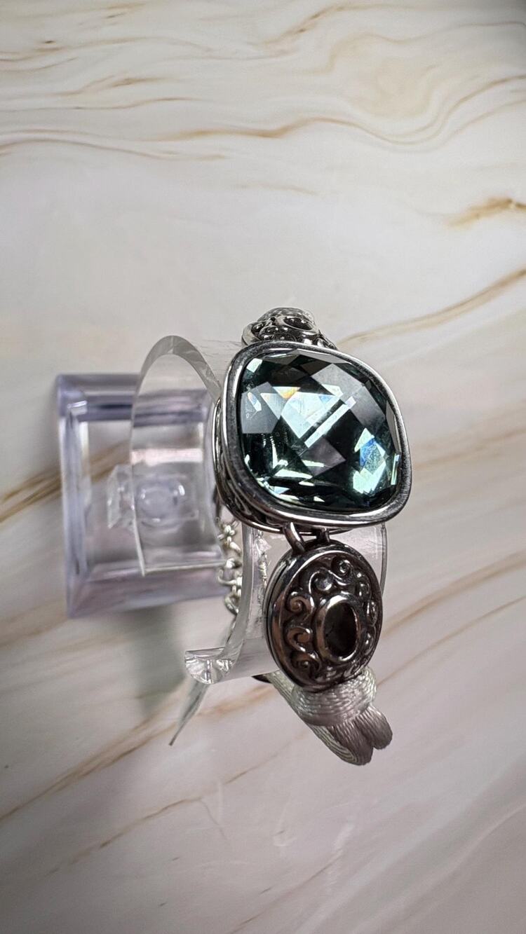 NWT Brighton VENUS Gray Cord Bracelet Crystal Cushion Cut Silver Heart Charm 38